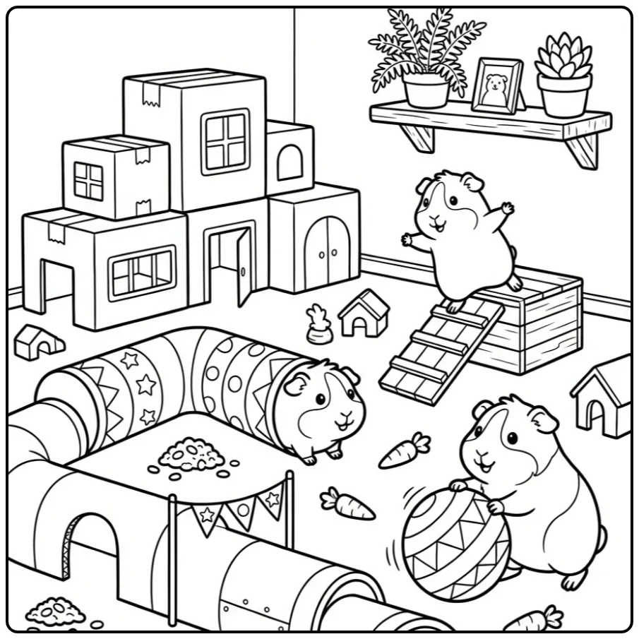 Vrolijke kleurplaat cavia's in een speeltuin met tunnels.