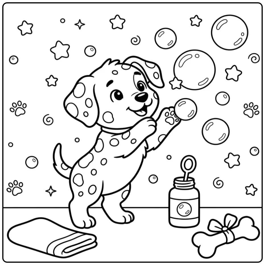 Schattige puppy kleurplaat dalmatier die met bellen speelt.