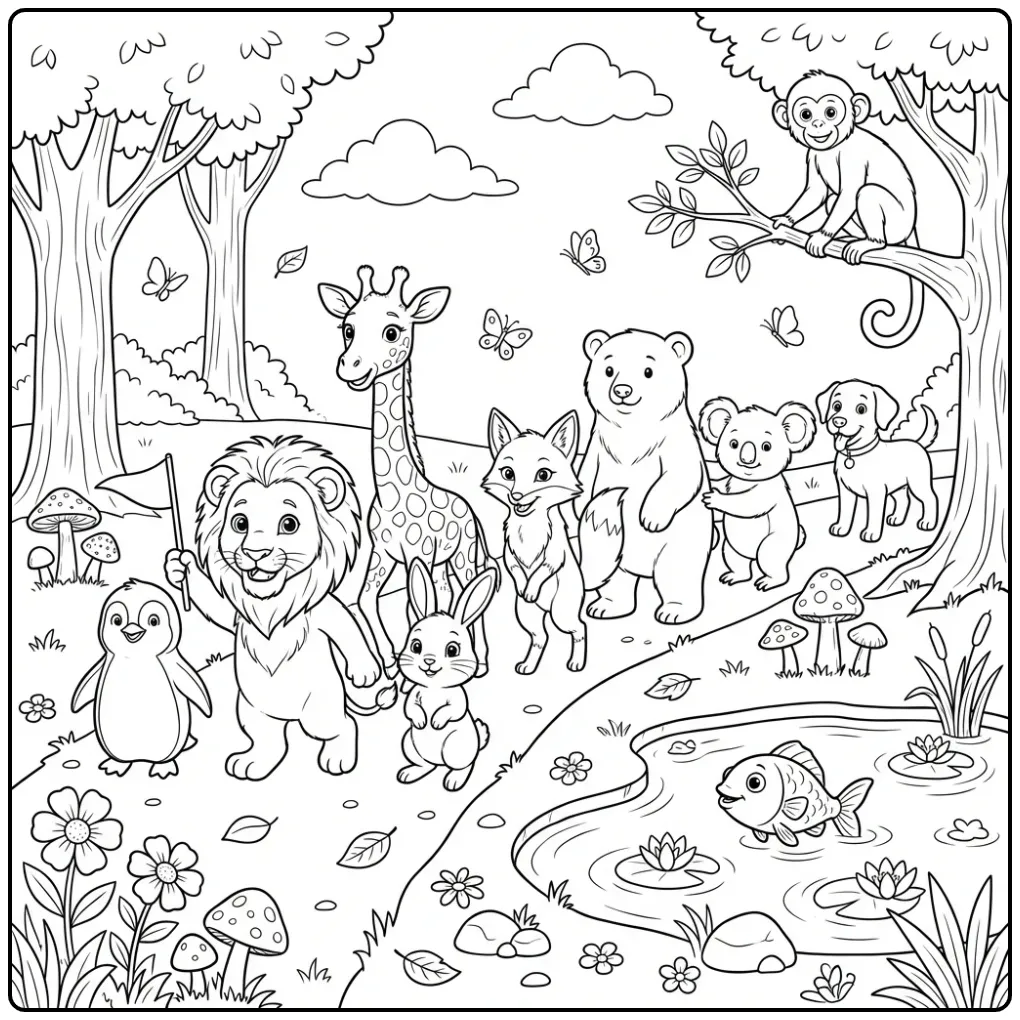 Vrolijke kleurplaat dieren optocht in het bos.