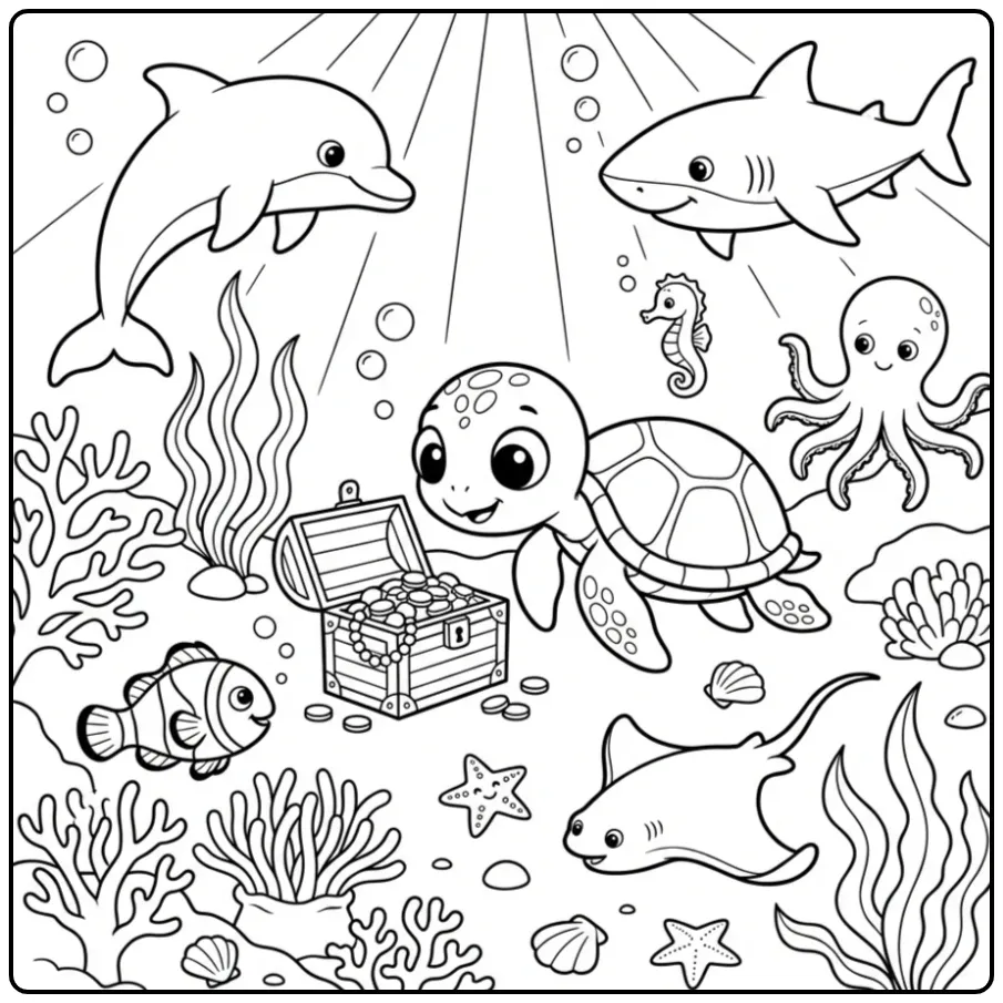Onderwater kleurplaat dieren met schildpad en zeedieren.
