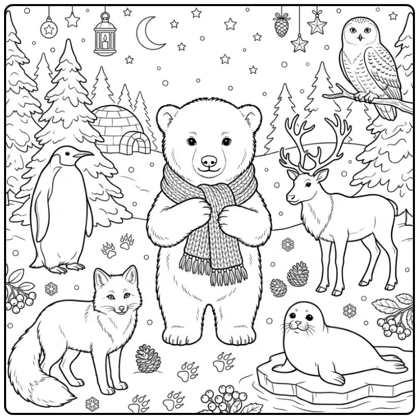 Schattige kleurplaat dieren in een winters bos met sneeuw.