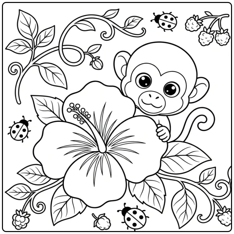 Schattige kleurplaat doodshoofdaapje achter een grote bloem