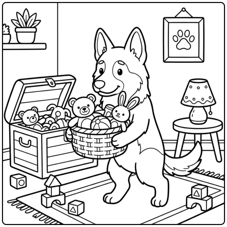 Schattige kleurplaat duitse herder ruimt speelgoed op.