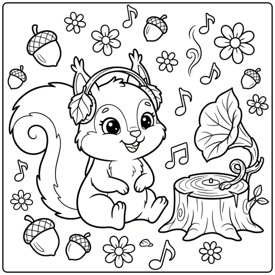 Schattige kleurplaat eekhoorn met muziek en nootjes.