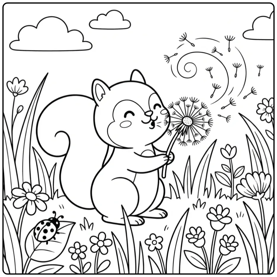 Lieve kleurplaat eekhoorn blaast paardenbloemzaden in de lucht