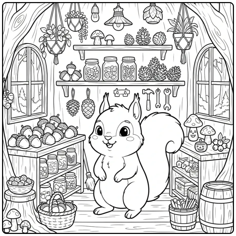 Mooie kleurplaat eekhoorn moeilijk in een winkelboom.