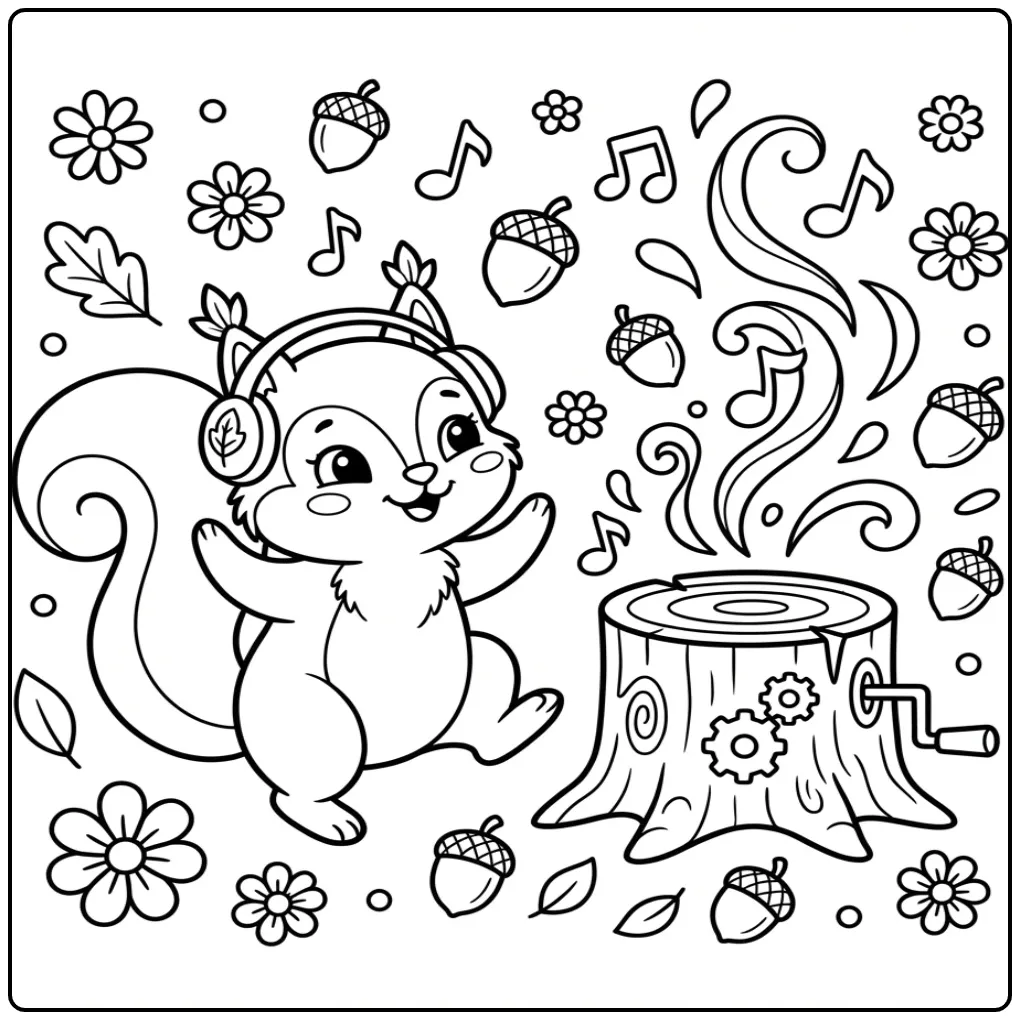Dansende kleurplaat eekhoorn schattig met muzieknoten.