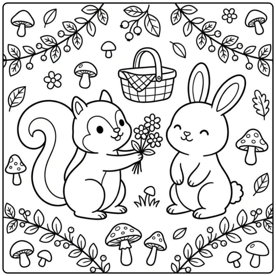 Een kleurplaat eekhoorn schattig met bloemen en een konijn.