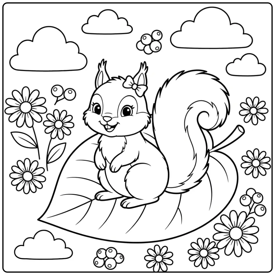 Een vrolijke kleurplaat eekhoorn schattig met strik.