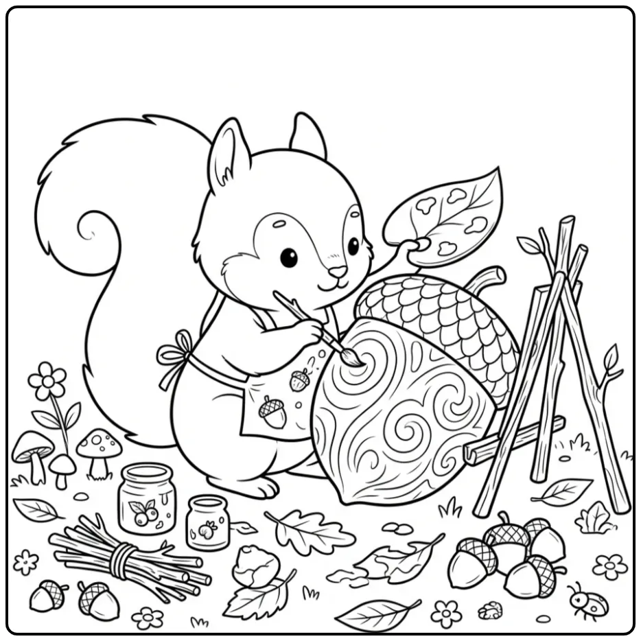 Schattige kleurplaat eekhoorn die een grote eikel schildert.