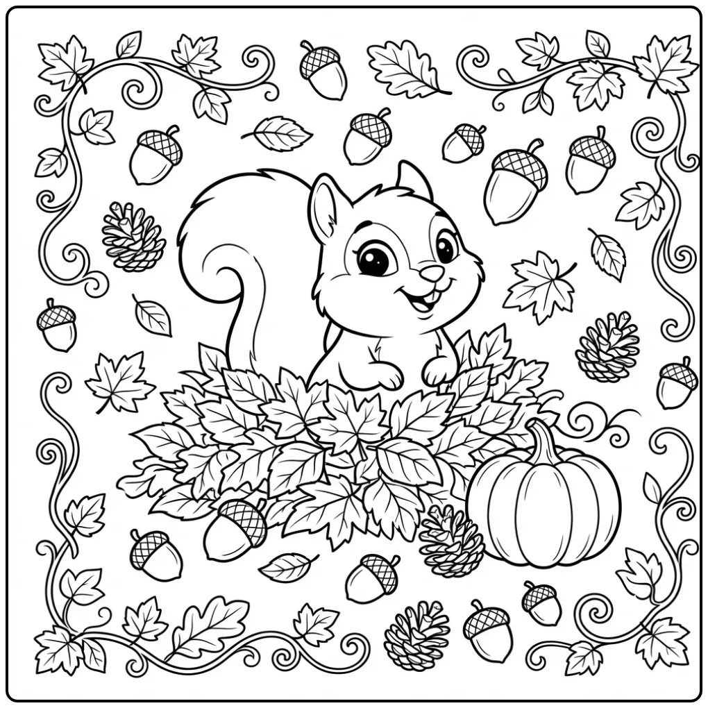 Vrolijke kleurplaat eekhoorn springt uit bladeren.
