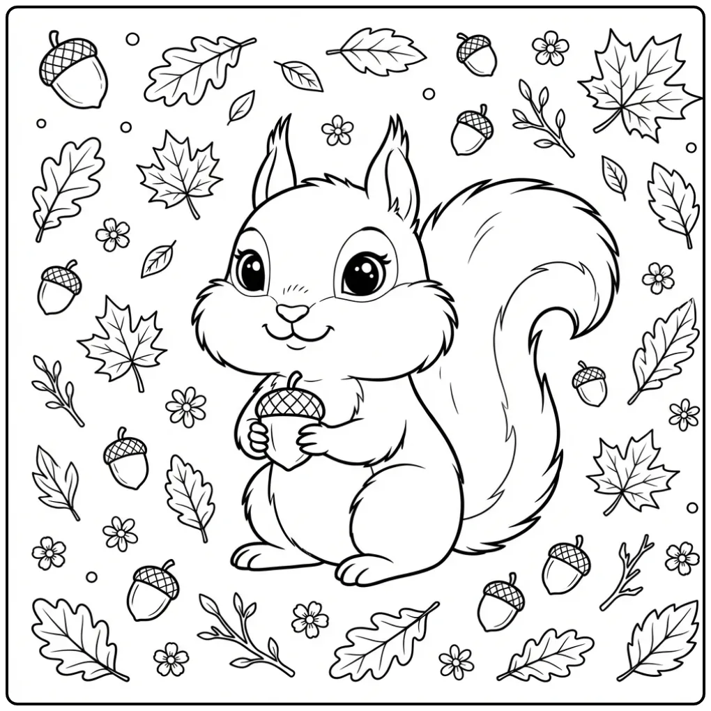 Schattige kleurplaat eekhoorntje met grote ogen en eikels.
