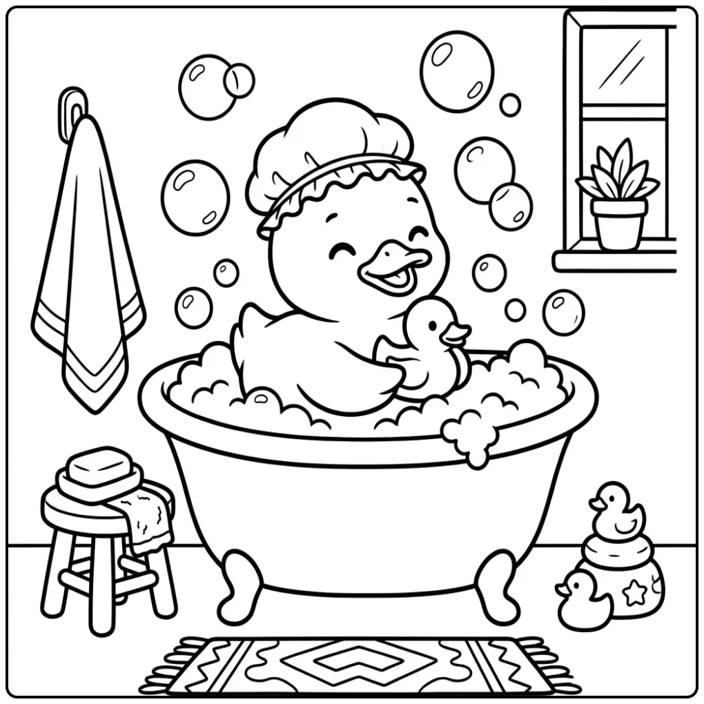 Een schattige kleurplaat eend in een badkuip met bubbels.