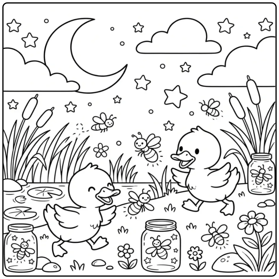 Schattige kleurplaat eend met kuikentjes en vuurvliegjes.