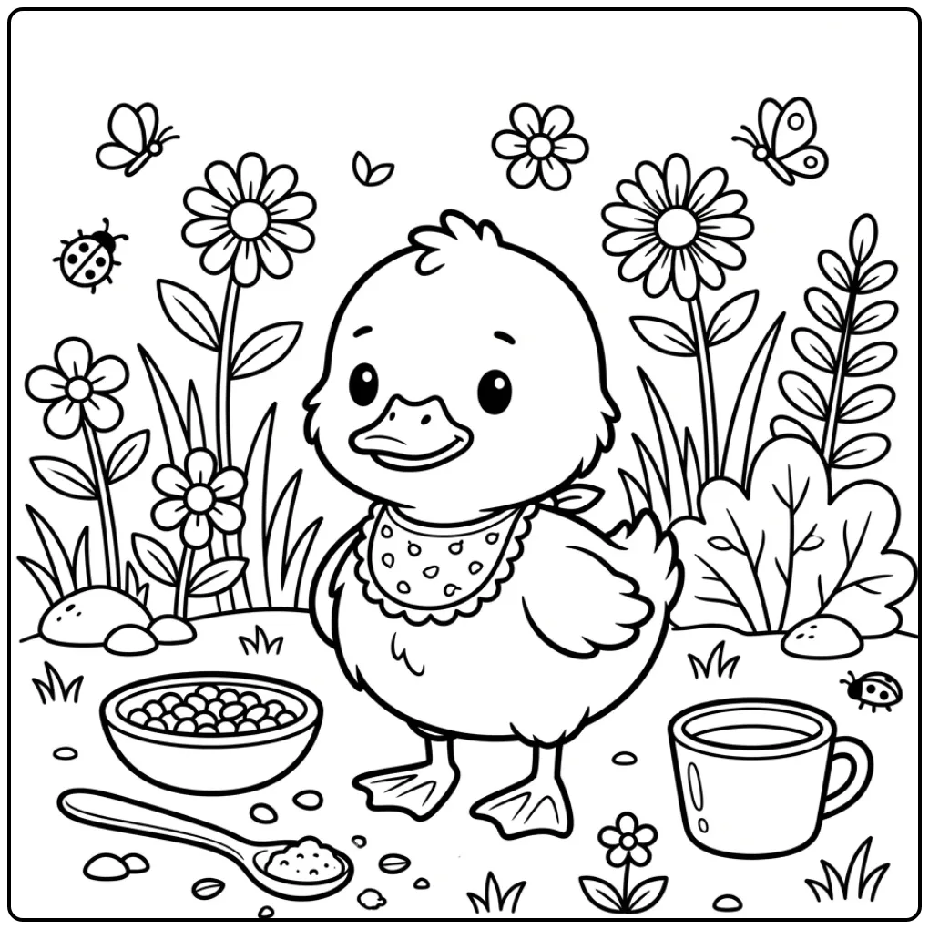 Schattige kleurplaat eendje met slabbetje en zaadjes.