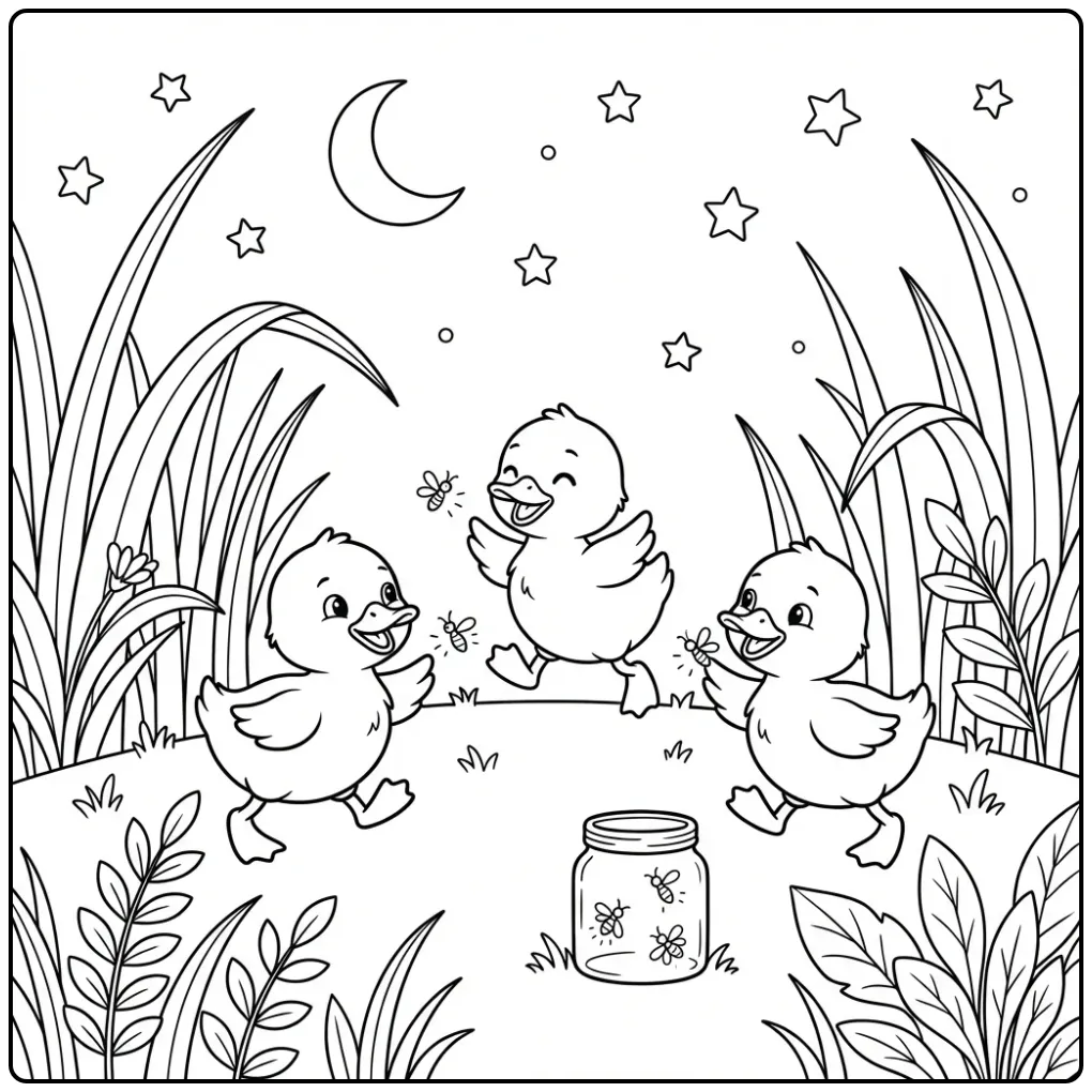 Kleurplaat eendjes die spelen met vuurvliegjes en een potje