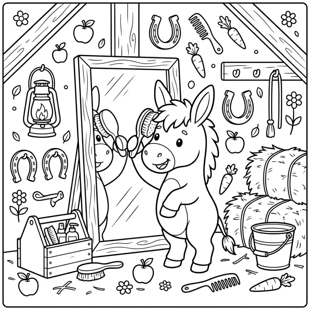 Schattige kleurplaat ezel voor de spiegel in de stal.