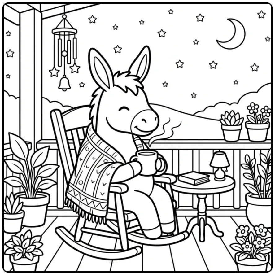 Gezellige kleurplaat ezel op veranda met warme deken.