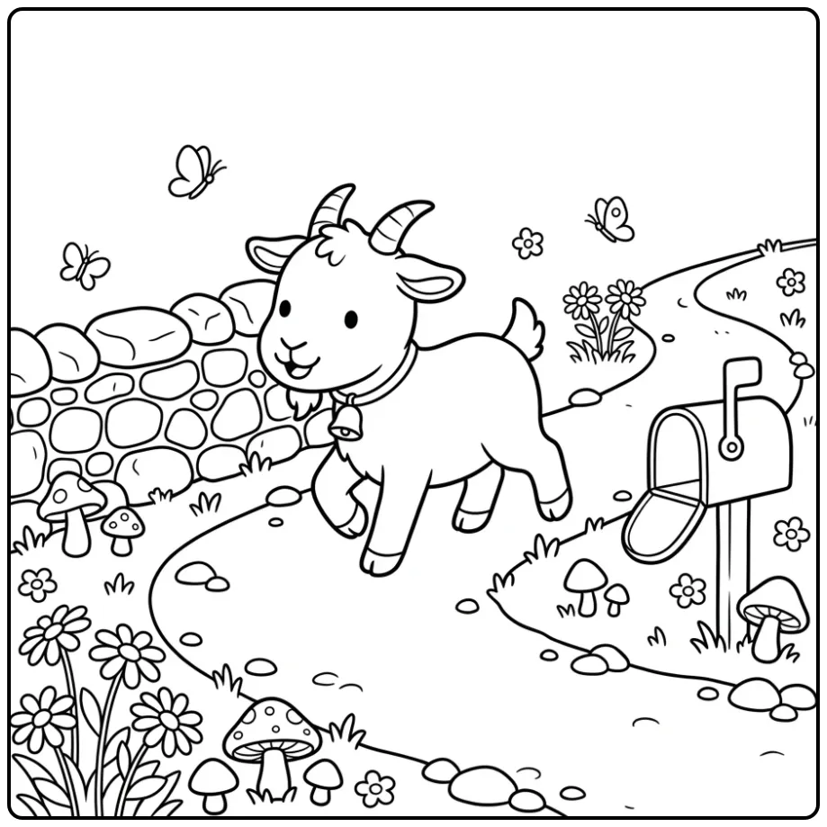Schattige kleurplaat geit met belletje op een landpad.