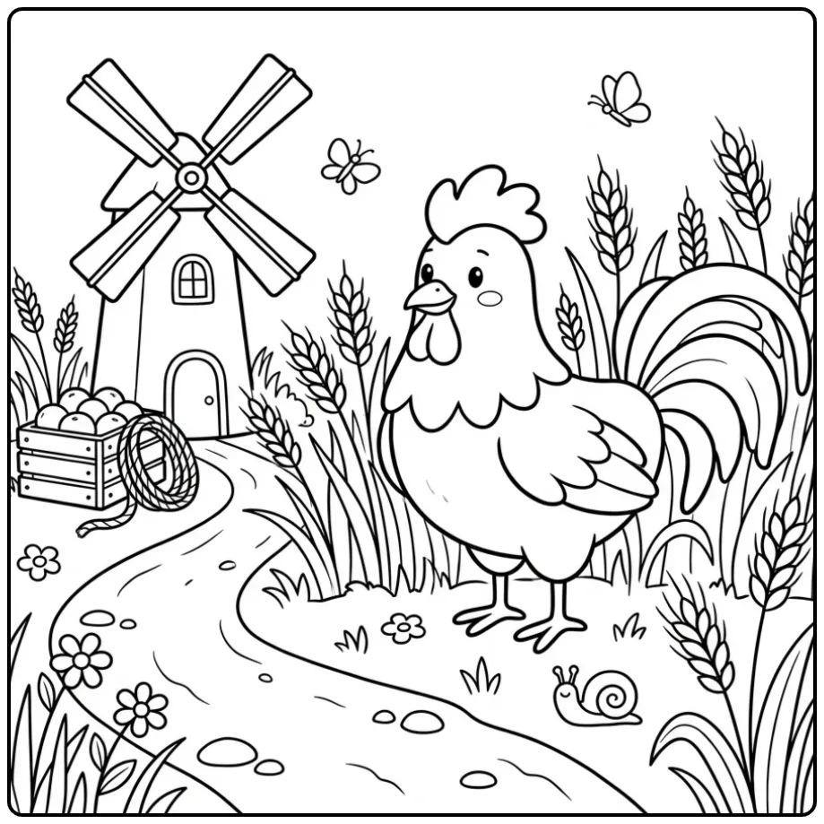 Een leuke kleurplaat haan bij een molen in het graanveld.