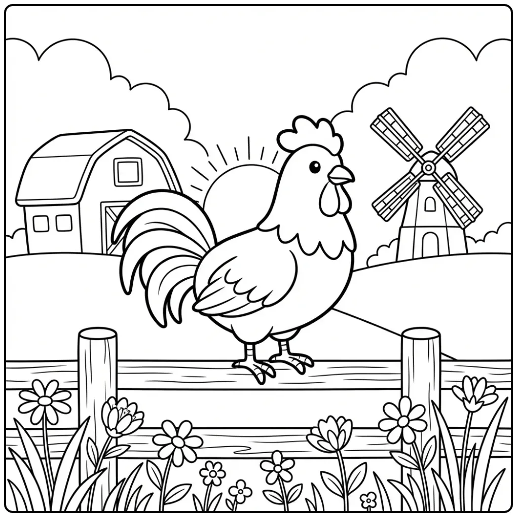 Een trotse kleurplaat haan bij de boerderij en molen.