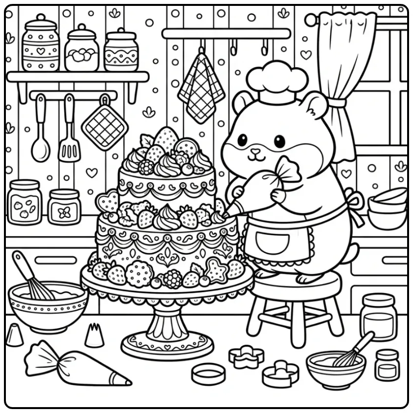 Kleurplaat hamster moeilijk: Bakker versiert een grote taart.