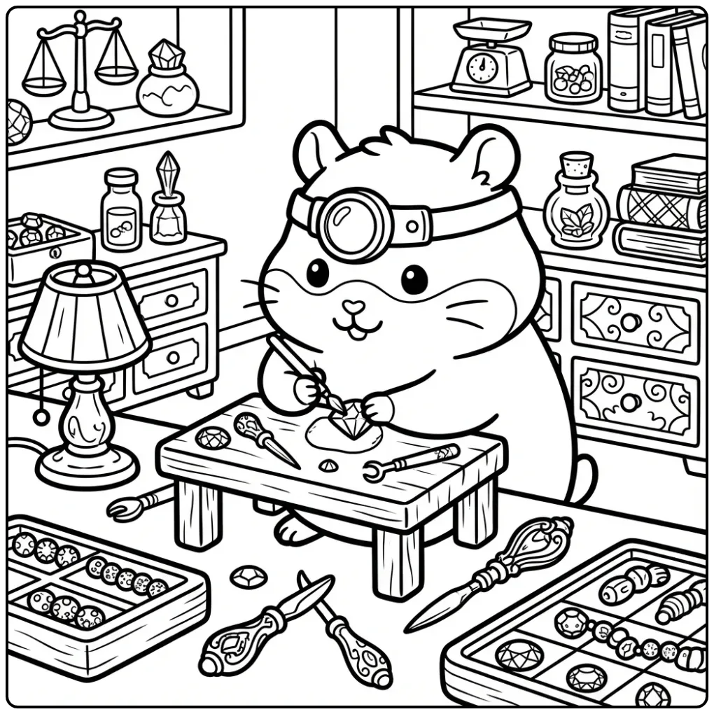 Kleurplaat hamster moeilijk: juwelier met edelsteen en tools.