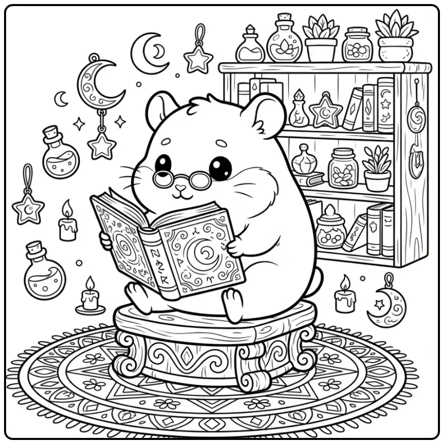 Magische kleurplaat hamster moeilijk lezend in een toverboek.