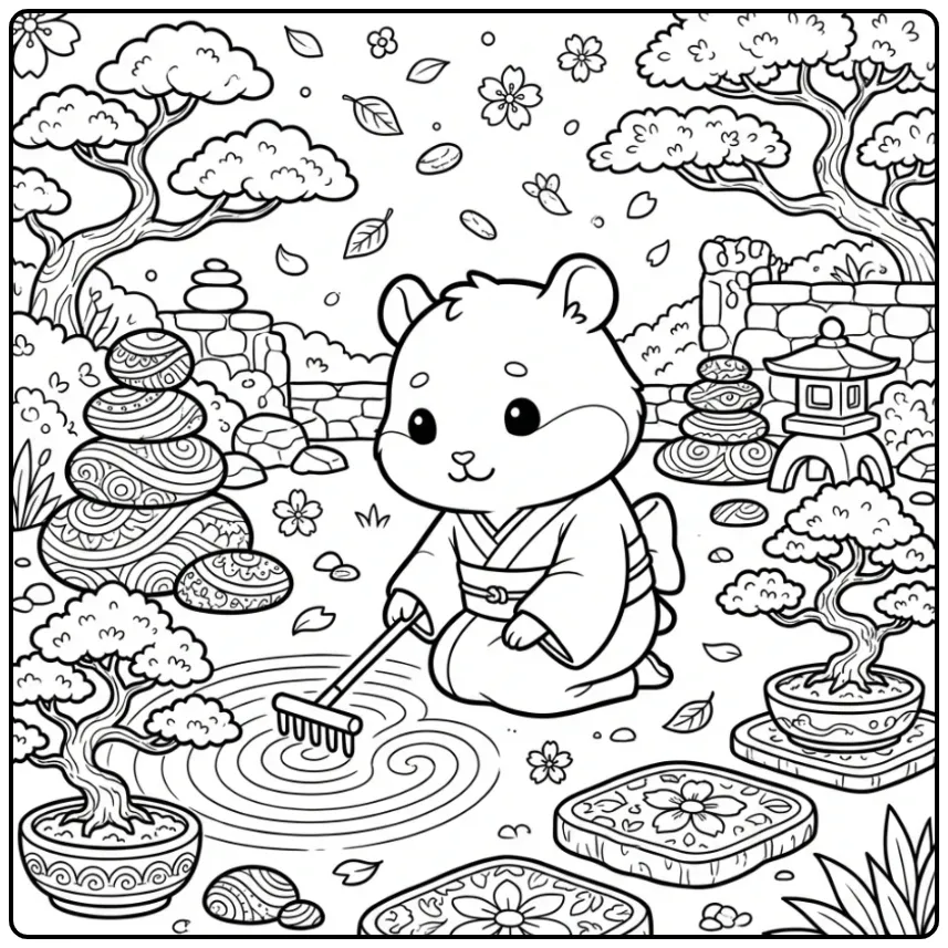 Zen tuin kleurplaat hamster moeilijk met hark en stenen.