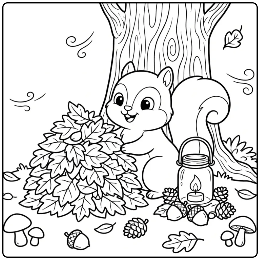 Een schattige kleurplaat herfst eekhoorn bouwt een bladerfort.