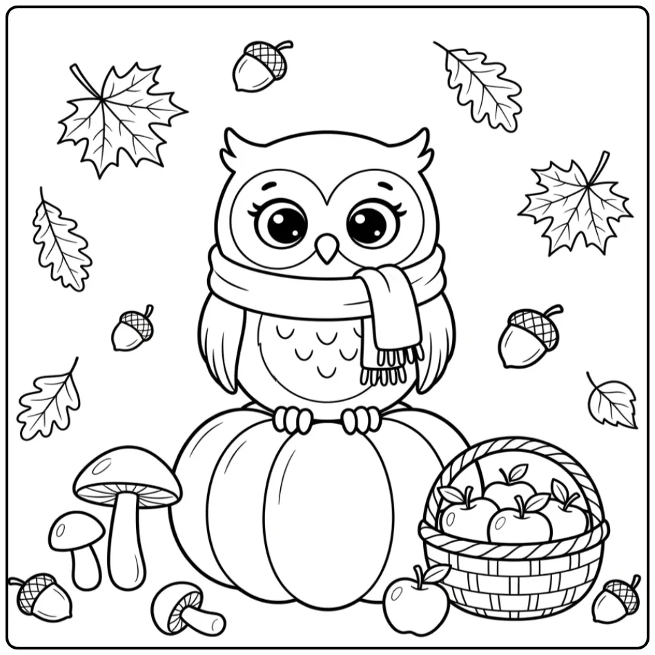 Schattige kleurplaat herfst uil met sjaal op een pompoen.