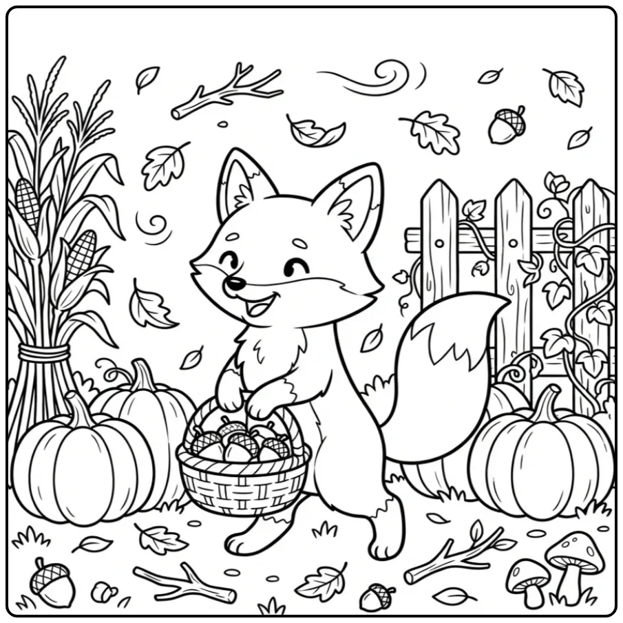 Schattige kleurplaat herfst vos met een mandje vol eikels.