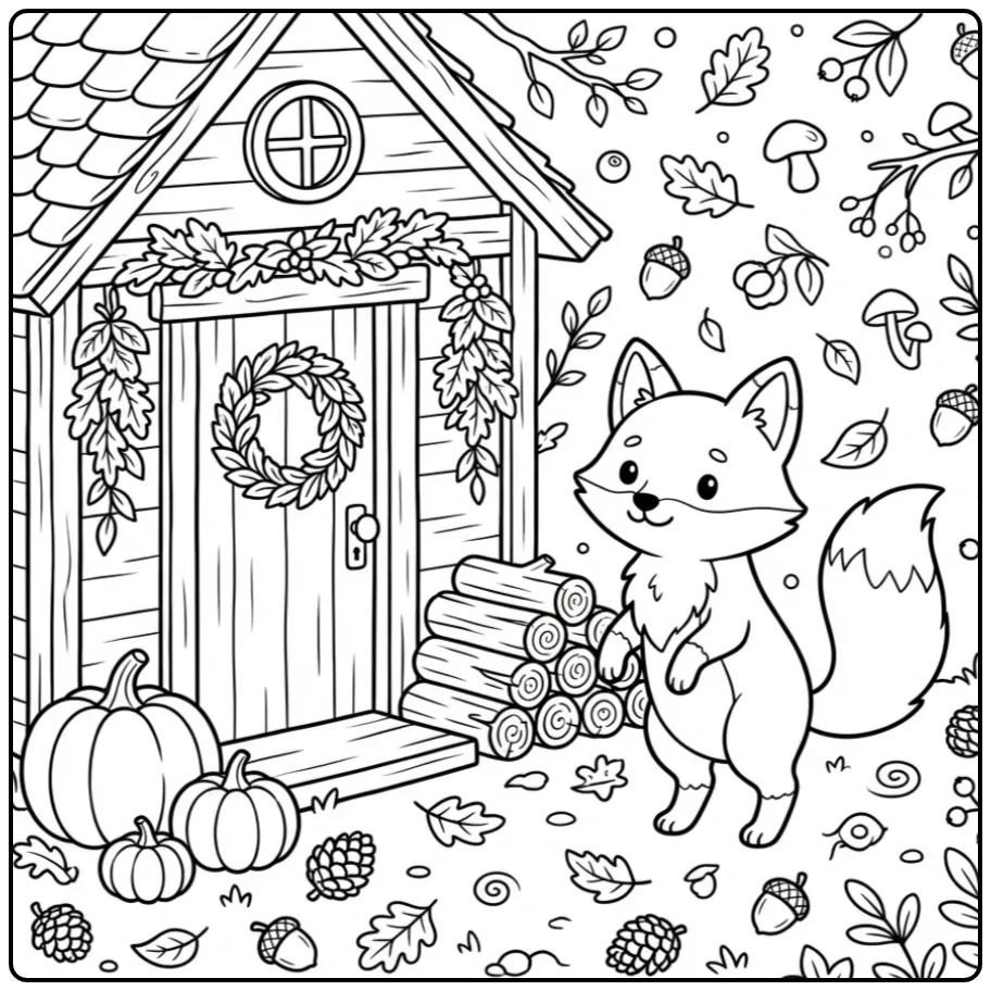 Schattige kleurplaat herfst vos bij een boshuisje.