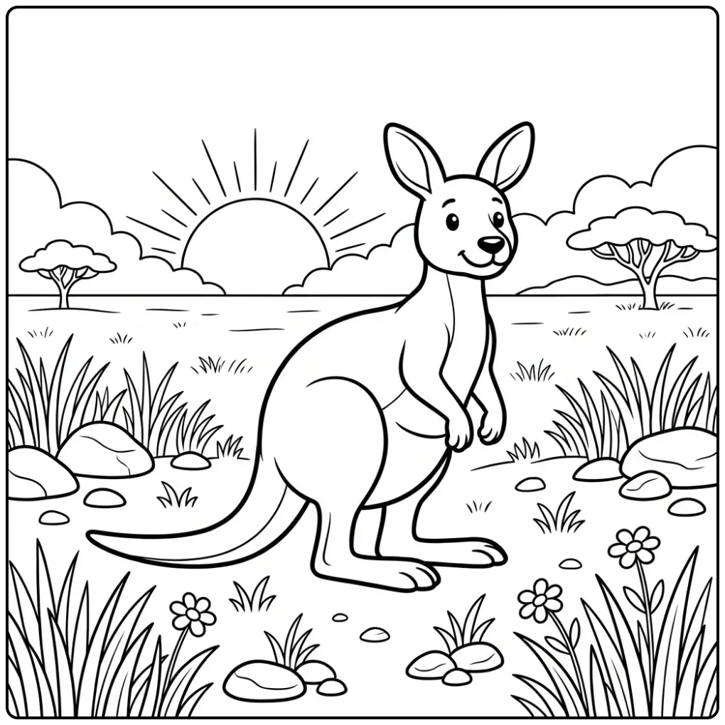 Leuke kleurplaat kangoeroe in het gras bij zonsopgang.