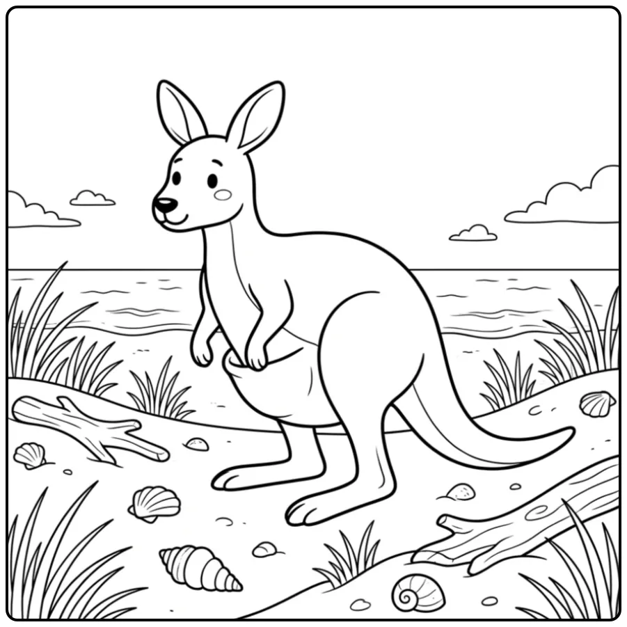 Leuke kleurplaat kangoeroe wandelend over een zandduin.