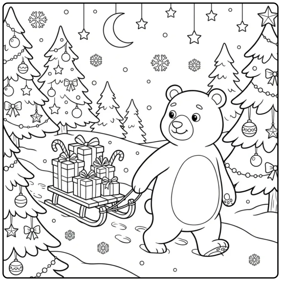 Een vrolijke kleurplaat kerst beer trekt een slee vol pakjes.