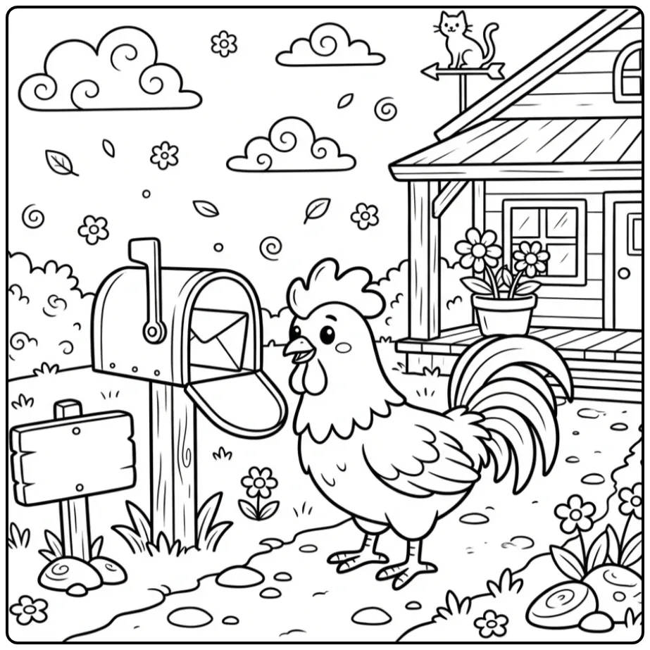 Leuke kleurplaat kip haan die een brievenbus onderzoekt.