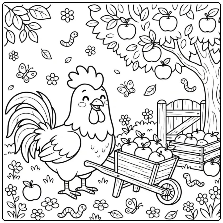 Leuke kleurplaat kip met een haan en appels in de boomgaard.