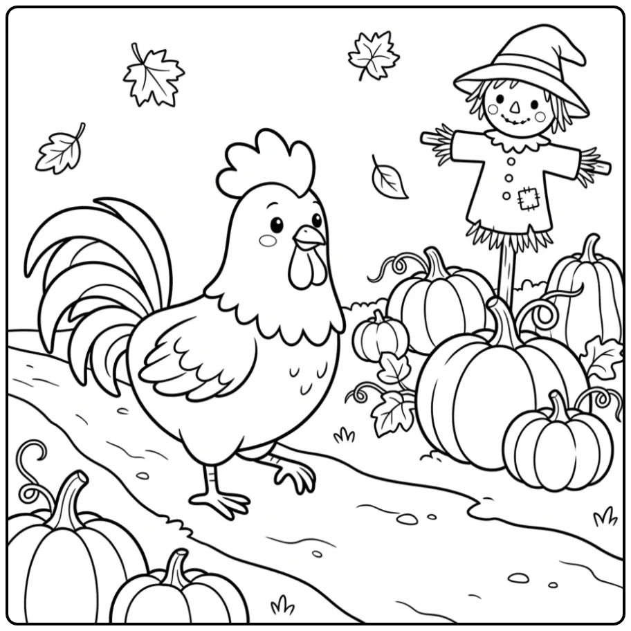 Leuke kleurplaat kip met een haan in een herfst pompoenveld.