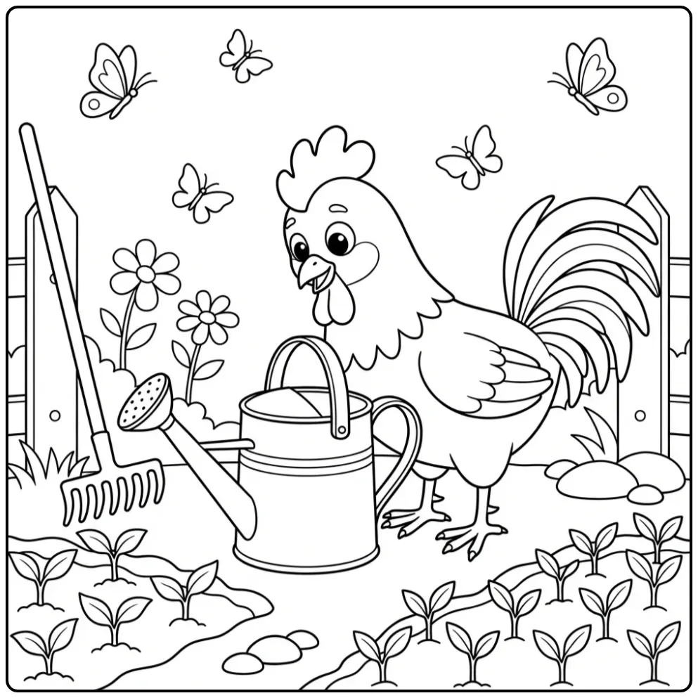 Leuke kleurplaat kip: haan kijkt naar gieter in de tuin.