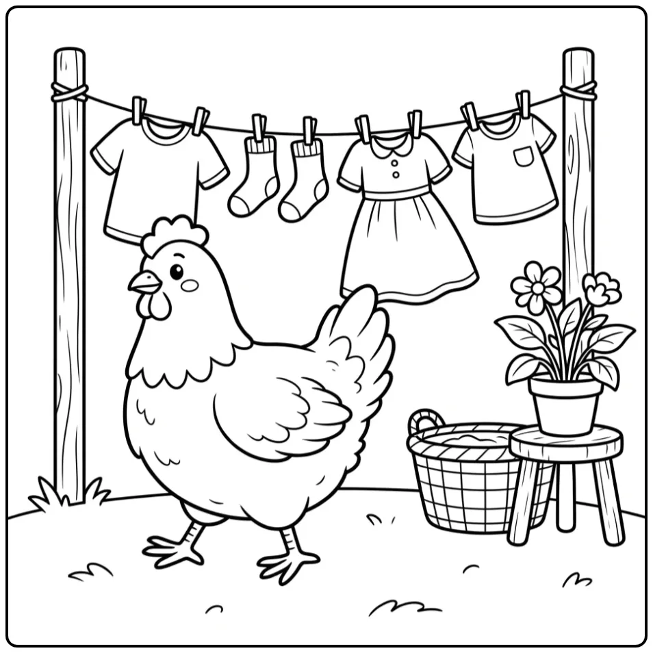 Schattige kleurplaat kip bij de waslijn met een wasmand.