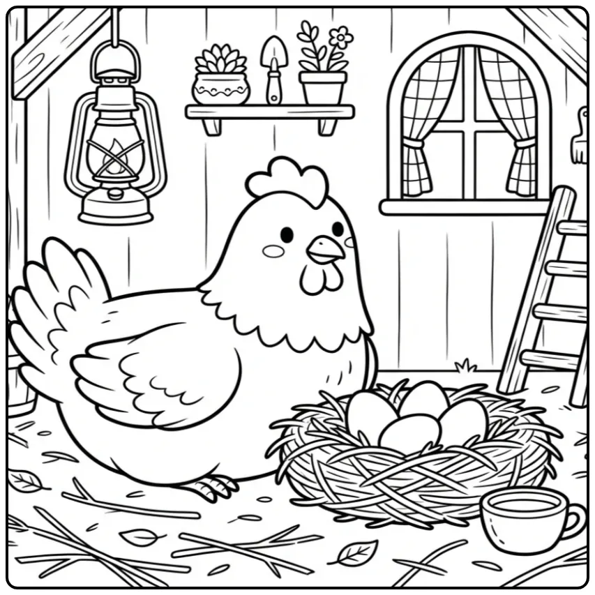 Een schattige kleurplaat kip in een gezellig hok met stro.