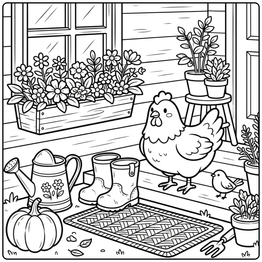 Een leuke kleurplaat kip bij een boerderijdeur met laarzen.