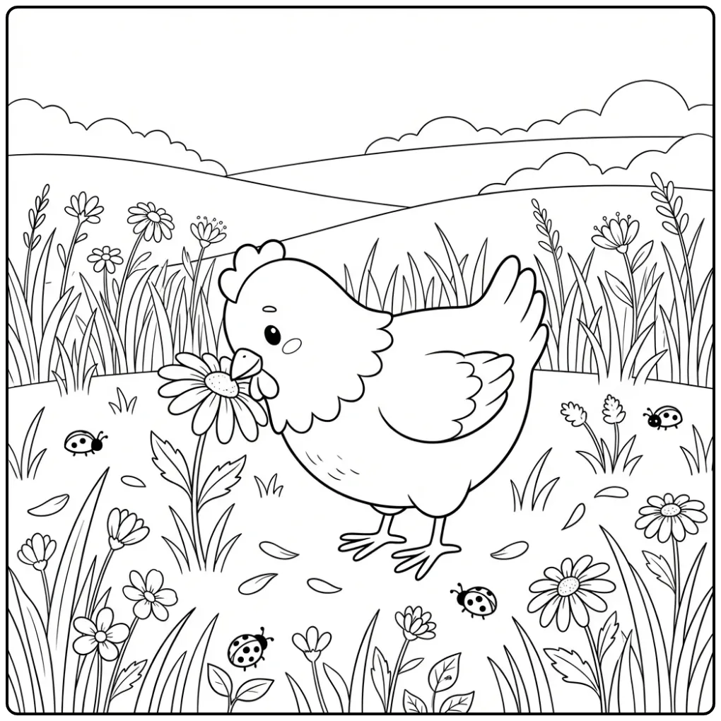 Een leuke kleurplaat kip in een bloemenwei met lieveheersbeestjes.