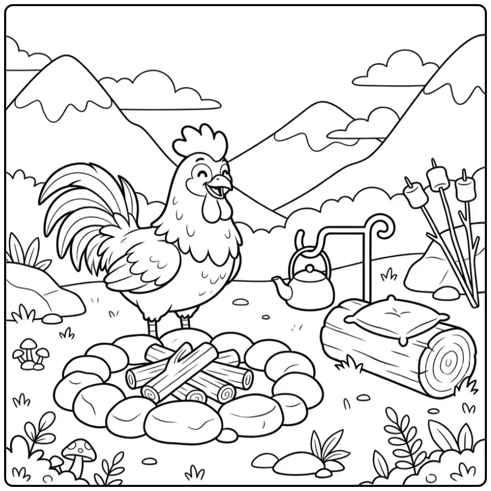 Leuke kleurplaat kip haan bij een gezellig kampvuur buiten.