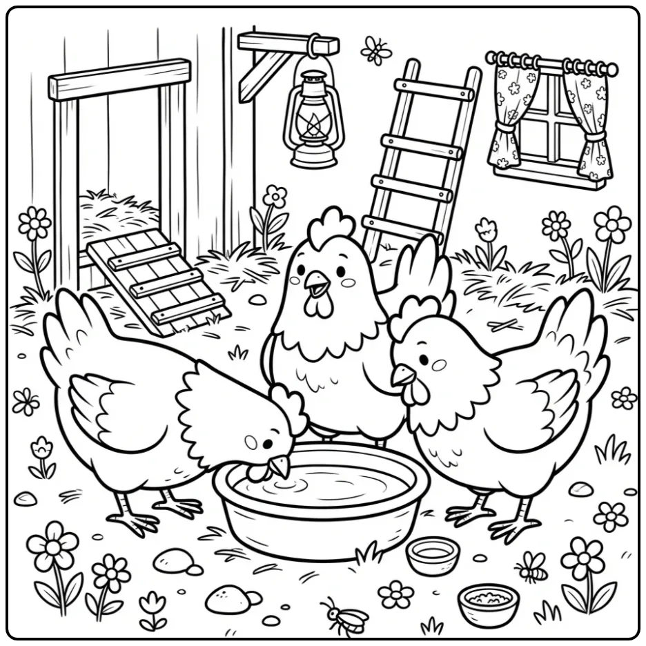 Drie dorstige kippen op deze leuke kleurplaat kippen.