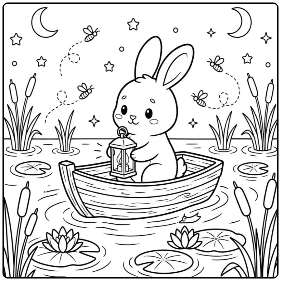 Schattige kleurplaat knuffel konijn varend met een lantaarn.