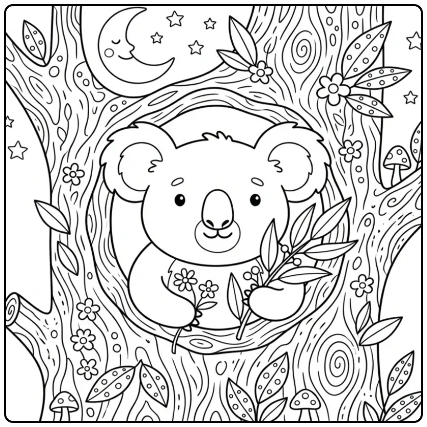Schattige kleurplaat koala beer in een holle boom met maan.