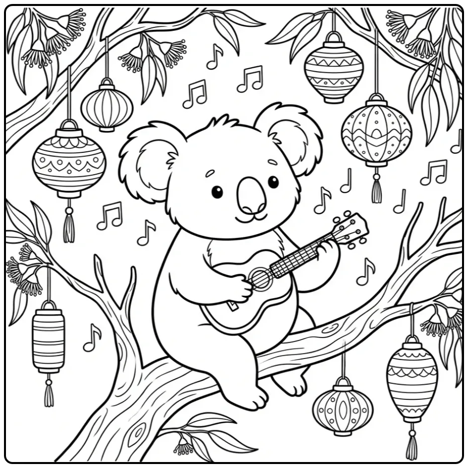 Schattige kleurplaat koala beer met ukulele op een tak.