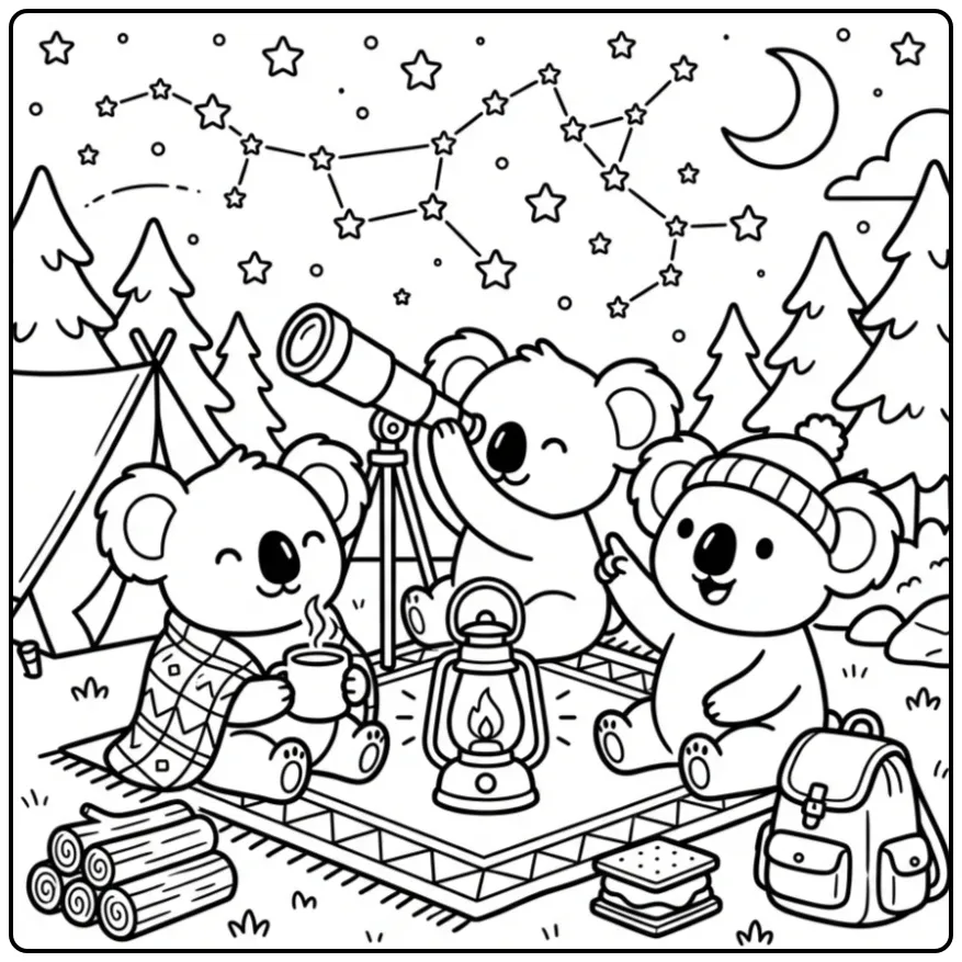 Kleurplaat koala beertjes met telescoop en maan